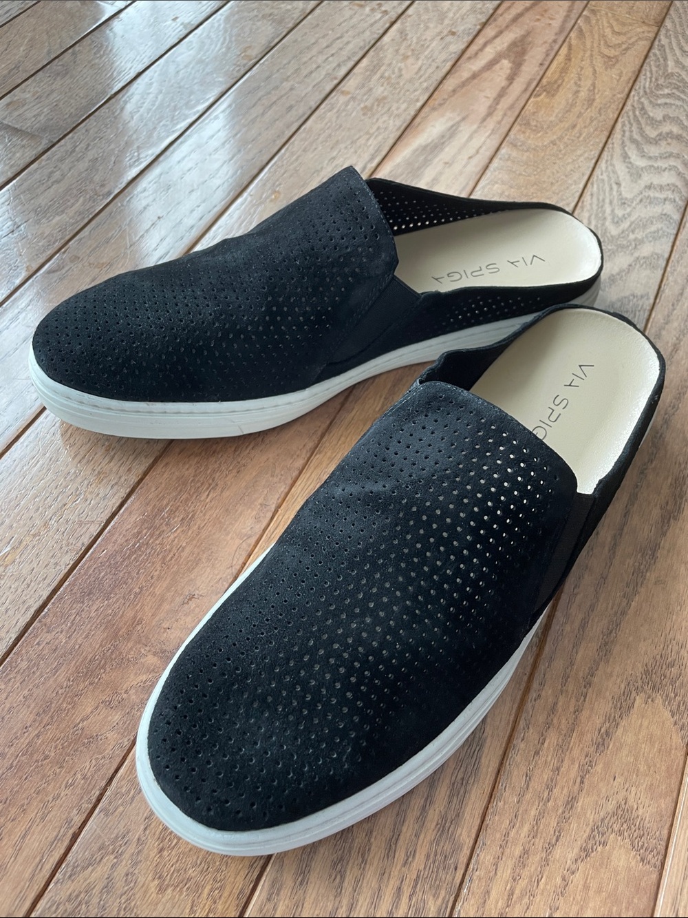 Via Spiga Black Suede Perforated Slip-On Mule
